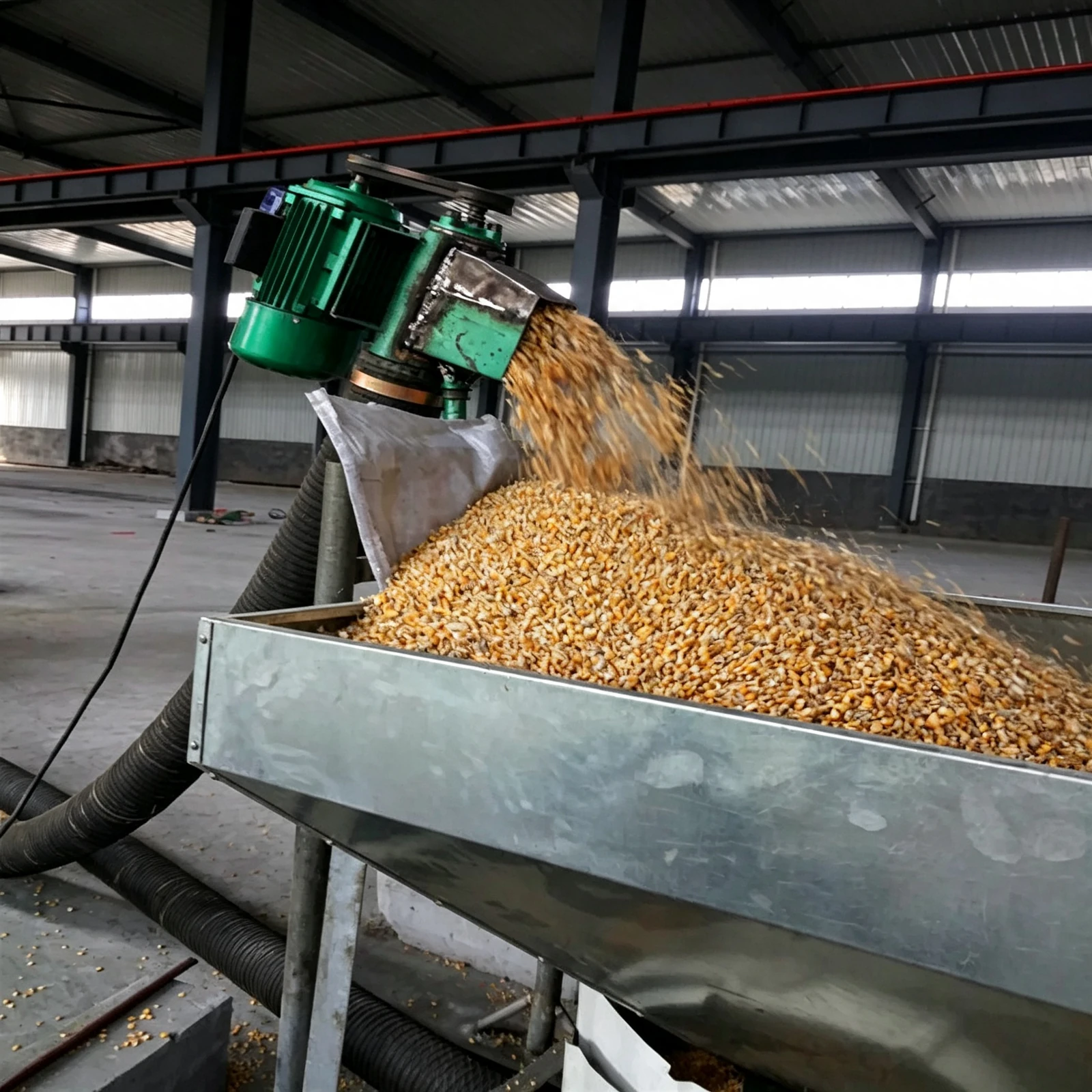 Flexible auger feeding system installed in a poultry house Flexible auger feeding system installed in a poultry house